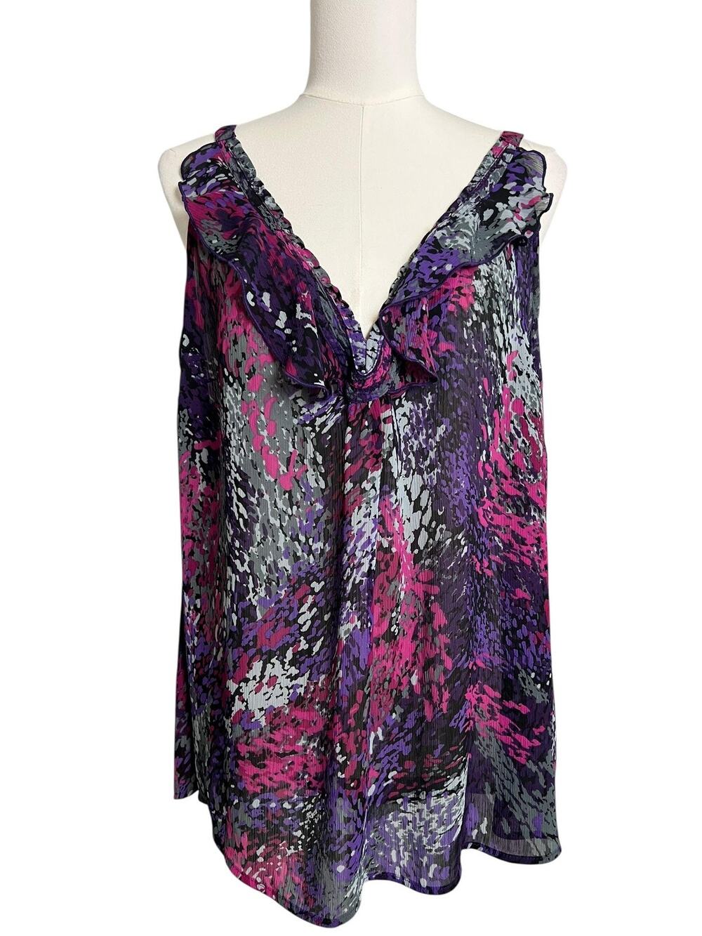 Avenue Tank Top Womens 18/20 Multicolor Ruffle V Neck Chiffon Animal Print